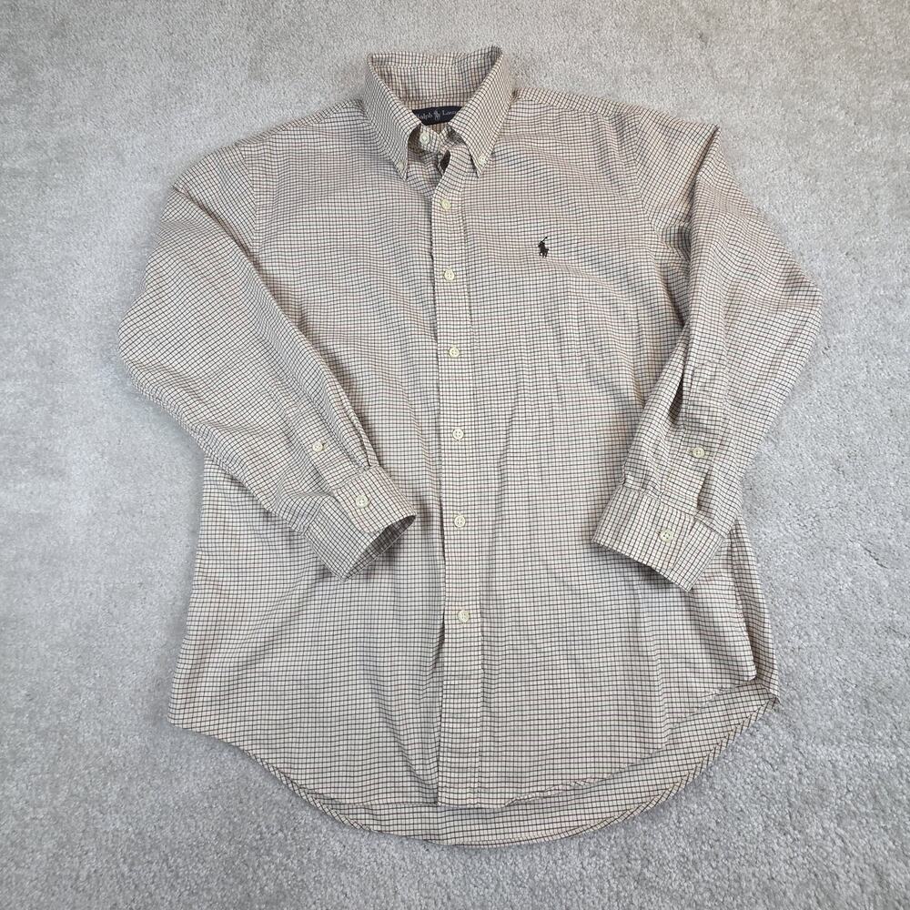 Ralph Lauren Mens Dress Shirt Tan Plaid Men's Size M Preppy Classic Pony - Picture 2 of 8